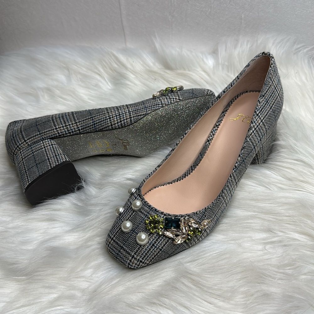 J. Crew Celia Glen Plaid Jeweled Pearl Block Heel Pump 7